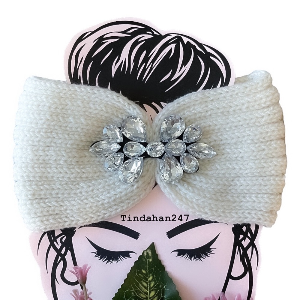 Teardrop Bow Shape Clear‎ Gem Beige Knit Knot Crochet Handmade Headband